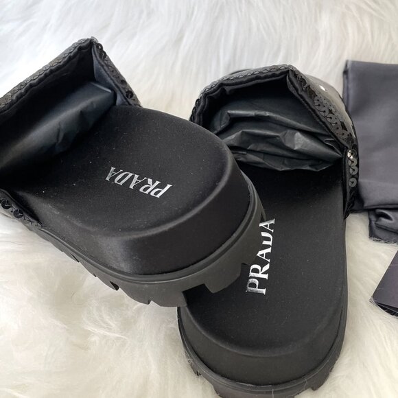 Prada Black Sequin White Logo Slide Sandal - Picture 5 of 12